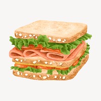 Triple-decker ham sandwich, food illustration psd