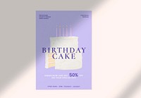 Cute poster mockup, birthday cake illustration psd