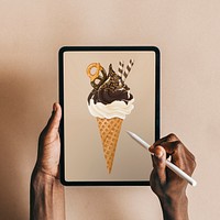 Tablet screen mockup, hand holding stylus  psd