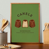 Picture frame mockup, canele dessert illustration psd