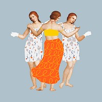Three Graces women famous painting, remixed from artworks by Raphael