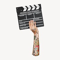 Hand holding film slate, entertainment photo