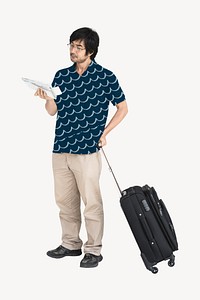 Asian man dragging luggage, travel photo