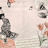 Pink vintage music ephemera background, mixed media illustration