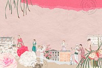 Vintage ladies ephemera pink background, mixed media illustration