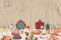 Supper table ephemera brown background, vintage mixed media illustration