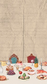 Supper table ephemera phone wallpaper, vintage mixed media illustration