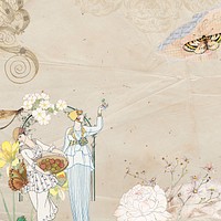 Garden ladies vintage ephemera background, mixed media illustration