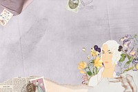  Purple ephemera background, vintage lady mixed media illustration