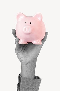 Hand holding piggy bank psd