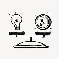 Valuable ideas doodle, light bulb and money balance on scale psd