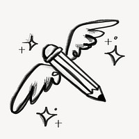 Winged pencil, creative writing doodle psd