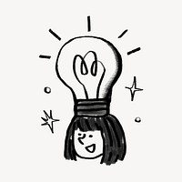 Light bulb head woman, creative ideas doodle psd