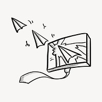 Paper planes flying out of screen, business doodle psd