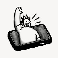 Man raising hand on phone screen doodle psd