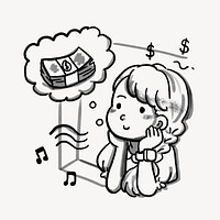 Woman daydreaming about money, character doodle