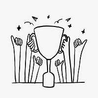 Hands holding trophy, teamwork success doodle