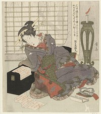 Een geisha leunt op de doos van haar shamisen (1825-1829) print in high resolution by Keisai Eisen. Original from The Rijksmuseum. 