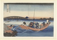 Hokusai's Viewing the Sunset over Ryōgoku Bridge from the Onmaya Embankment (Onmayagashi yori Ryōgokubashi sekiyō o miru), from the series Thirty-six Views of Mount Fuji (Fugaku sanjūrokkei) (1830-32). Original public domain image from the Rijksmuseum.