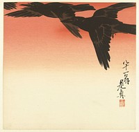 Kraaien tegen een rode lucht (1888 - 1889) print in high resolution by Shibata Zeshin. Original from the Rijksmuseum. 