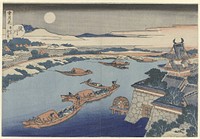 Hokusai's (1833) Moonlight on the Yodo River (Yodogawa), from the series Snow, Moon, and Flowers (Setsugekka). Original public domain image from the Rijksmuseum.