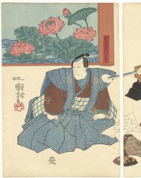 Drie acteurs bij een kamerscherm, Utagawa Kuniyoshi, (ca. 1847–1848) print in high resolution by Utagawa Kuniyoshi. Original from the Rijksmuseum. 