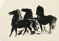 Drie zwarte paarden staand naar links kijkend (1935&ndash;1936) drawing in high resolution by Leo Gestel. Original from The Rijksmuseum. 