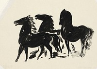 Drie zwarte paarden staand naar links kijkend (1935–1936) drawing in high resolution by Leo Gestel. Original from The Rijksmuseum. 