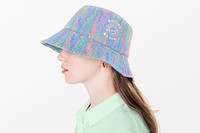 Colorful bucket hat psd mockup holographic design with logo youth apparel shoot