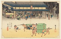 Kusatsu, A Station Famous for its Rice Cakes, in The Fifty-Three Stations of the Tokaido Road (Tokaido Gojusan Tsugi-no Uchi) by Utagawa Hiroshige