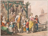 Water color; A fruit stall in Naples at Christmas by Saverio della Gatta