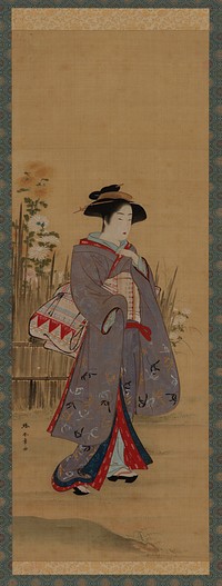 Woman near a fenced-off flowering garden, Katsukawa Shunsho