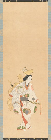 Dancer in a white dress, patterned with colored leaves and flowers