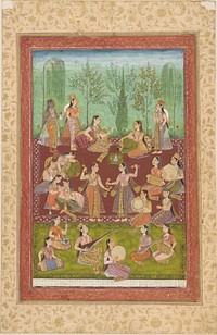 A group of women in a garden, entertaining themselves with music and dancing, Mughal Court