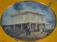 Square House, Man, Child, and Dog on Lawn