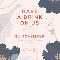 Cocktail party Instagram post template, editable text vector