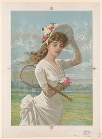 Woman in white dress holding flowers and tennis racket (1887). Original from the Library of Congress.