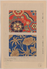 Ito nishiki (yarn brocade) Kara nishiki (Chinese brocade) with red background and Kinran (gold brocade) with hollyhock on blue background (ca.1750-1900) print in high resolution. Original from Library of Congress. 