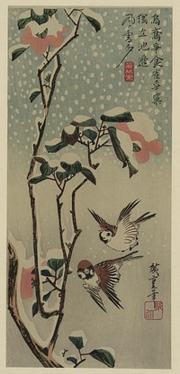Sparrows and camellias in snow,1840 by Ando Hiroshige. Original public domain image from the Library of Congress.