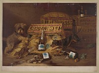 Two dogs chasing mouse through open case of champagne (1878). Original from the Library of Congress.