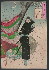 Japanese woman, The Moon of Shinobugaoka (1904) vintage woodblock prints by Yoshitoshi Tsukioka. Original public domain image from the Library of Congress.