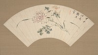 Peony on a fan during first half 19th century painting in high resolution by Yamamoto Baiitsu.  Original from the Minneapolis Institute of Art.