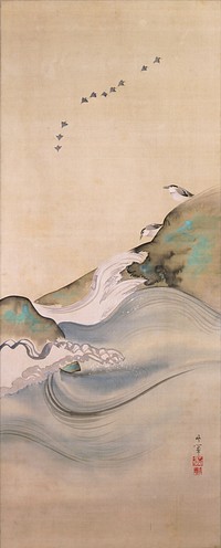 Plovers, Rocks, and Waves during first half 19th century painting in high resolution by Suzuki Kiitsu.  Original from the Minneapolis Institute of Art.