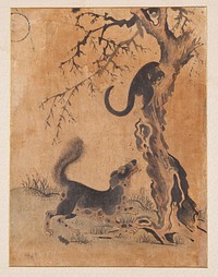 Dog Treeing a Cat during 19th century painting in high resolution.  Original from The Minneapolis Institute of Art.
