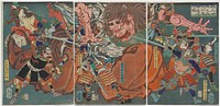 Picture of Raikō and his Four Companions Conquering the Demon of Mount Ōe (1864) print in high resolution by Tsukioka Yoshitoshi.  Original from the Minneapolis Institute of Art.