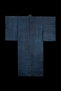 Dark blue-ground kimono with white ikat (kasuri) pattern made in Niigata Prefecture during late 19th–early 20th century clothing in high resolution.  Original from The Minneapolis Institute of Art.