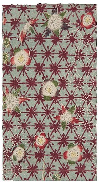Light-blue-ground fragment decorated with plum blossoms, red maple leaves, pine trees, birds, and latticework during 18th&ndash;19th century textile in high resolution.  Original from the Minneapolis Institute of Art.