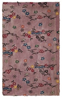 Purple-ground fragment with florals and kakuregasa motif during 19th century textile in high resolution.  Original from The Minneapolis Institute of Art.