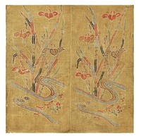 Yellow-ground wrapping cloth (uchikui) with pattern of irises in a flowing stream during late 19th century textile in high resolution.  Original from The Minneapolis Institute of Art.