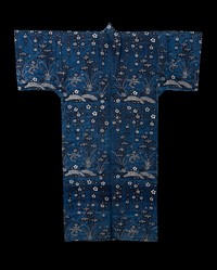 Dark blue-ground Ryūkyūan robe (ryūso) with pattern of irises in a flowing stream during 19th century clothing in high resolution.  Original from the Minneapolis Institute of Art.